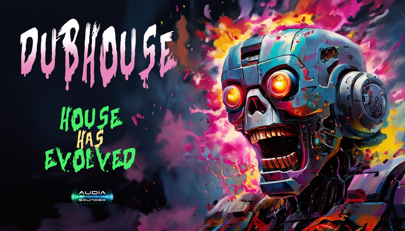 Audia Soundex promo poster - house music has evolved - robot zombie coming from a colorful explosion ready to dance to the dubhouse revolution